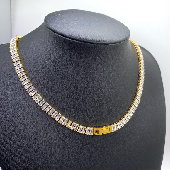 18K Gold Plated Fancy Choker square Cubic Zirconia Tennis Necklace - Picture 4 of 12